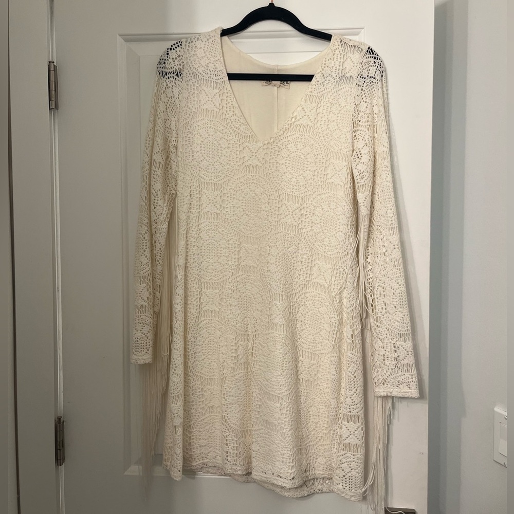 Idyllwind Cream lace fringe mini dress